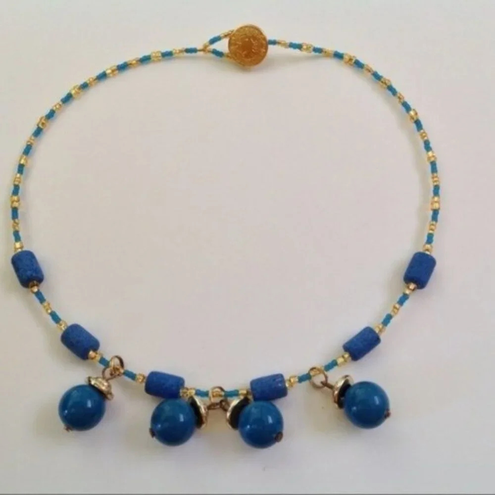 Handcrafted Blue‎ Gold Tone Necklace Button Toggle Festival Party Boho Recycled